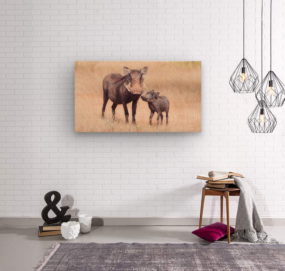 Warthog and her baby  Wood print